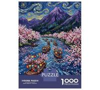 Rompecabezas De 1000 Piezas para Adolescentes Cherry Blossom River Boats Painting Rompecabezas para Adultos Juego De Ingenio Ensamblaje De Patrones Desafiante De Completar 52x38cm/1000pcs