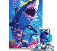 Rompecabezas de 1000 Piezas para Adolescentes: Chica Anime contra tiburón, decoración de Pared, decoración cumpleaños 38x26cm