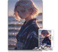 Rompecabezas de 1000 Piezas para Adolescentes, Chica de Anime en Yukata Junto al mar, Rompecabezas, Juegos Familiares, Carrera de Velocidad Manual, Juguete Educativo, tamaño 38x26cm