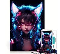 Rompecabezas de 1000 Piezas para Adolescentes Chica Gato,neón Azul,Manga,Ajuste ceñido,Juego,concentración,diversión,Ocio,Tiempo Libre,Arte de Pared navideño (38x52cm)