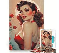 Rompecabezas de 1000 Piezas para Adolescentes,Chica Morena Pin-up,Rosas Rojas,Juego de Bordes limpios,Juguete de Desarrollo cognitivo,Juego de Entretenimiento,decoración navideña,Regalo (50x75cm)