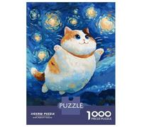 Rompecabezas De 1000 Piezas para Adolescentes Chubby Cat in Starry Night Painting Rompecabezas para Adultos Juego Práctico Ensamblaje De Patrones Regalos para Reducir El Estrés 52x38cm/1000pcs
