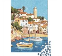 Rompecabezas De 1000 Piezas para Adolescentes Coastal Mediterranean Village Scene Rompecabezas para Adultos Juguetes De Bricolaje Difícil Difícil Diversión En El Hogar Actividades, 38x26cm/1000pcs