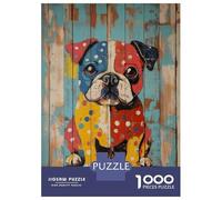 Rompecabezas De 1000 Piezas para Adolescentes Colorful Bulldog Painting on Wood Planks Bulldog Wall Art Rompecabezas Juego Práctico Regalos para Mujeres Regalos para Reducir El Estrés 38x26cm/1000pcs