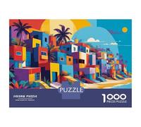 Rompecabezas De 1000 Piezas para Adolescentes Colorful Coastal Village Illustration Rompecabezas para Adultos Juego De Ingenio Decoración Ayuda A Ejercitar El Cerebro 38x26cm/1000pcs