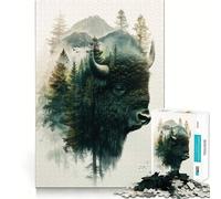 Rompecabezas de 1000 Piezas para Adolescentes con diseño de Bisonte y Bosque,Doble exposición,Corte preciso,decoración,Juguete para ejercitar la Mente,Juego de Paz,Regalo Divertido de Navidad 38x26cm