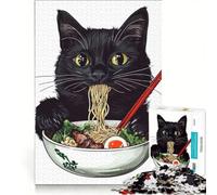Rompecabezas de 1000 Piezas para Adolescentes con ilustración de un Gato Negro Comiendo Ramen, Juegos Familiares, para Mejorar la Memoria, con póster y Hoja de Preguntas a Juego 50x75cm