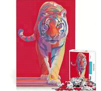 Rompecabezas de 1000 Piezas para Adolescentes con ilustración de un Tigre Colorido sobre Fondo Rojo Juguete Educativo, Ideal para divertirse en casa y como Regalo 38x52cm