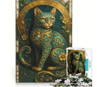 Rompecabezas de 1000 Piezas para Adolescentes con Retrato de Gato en Tonos Turquesa y Dorado Juegos Divertidos ejercita tu Cerebro y Tus Manos Mejora el Amor Entre Parejas 50x75cm