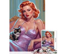 Rompecabezas de 1000 Piezas para Adolescentes con una Pelirroja Pin-up y un Gato gruñón Juguete Educativo Juegos Juego de ingenio con Piezas de Formas aleatorias Totalmente