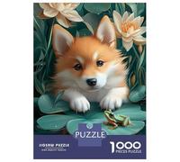 Rompecabezas De 1000 Piezas para Adolescentes Corgi Puppy with Frog on Lilypad Rompecabezas para Adultos Juegos Relajantes Decoración De Pared para Cumpleaños, Navidad 52x38cm/1000pcs