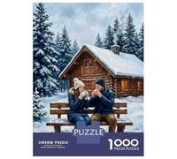 Rompecabezas De 1000 Piezas para Adolescentes Couple Enjoying Hot Drinks in Snowy Cabin Setting Rompecabezas para Adultos Juego De Ingenio Decoración Ayuda A Ejercitar El Cerebro 70x50cm/1000