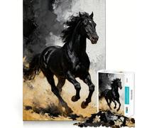 Rompecabezas de 1000 Piezas para Adolescentes Cuadro de Caballo Negro al Galope,Arte de Corte Exacto,Juego para ejercitar la Mente,Juego para Relajarse,Arte navideño para el Tiempo Libre 38x52cm