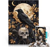 Rompecabezas de 1000 Piezas para Adolescentes Cuervo místico y Calavera bajo la Luna Dorada para divertirse en Familia Regalo Divertido 52x38cm