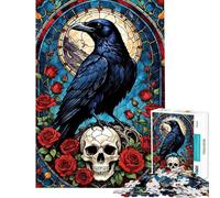 Rompecabezas de 1000 Piezas para Adolescentes Cuervo sobre Calavera con Rosas Rompecabezas de vidrieras Juego de ingenio desafío difícil de completar (tamaño 38x52cm)