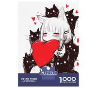 Rompecabezas De 1000 Piezas Para Adolescentes Cute Anime Neko Girl with Red Heart And Black Cats Rompecabezas Para Adultos Juegos Relajantes Mejora La Memoria Ayuda A Ejercitar El Cerebro 52x38cm/1000