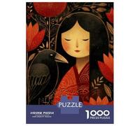 Rompecabezas De 1000 Piezas para Adolescentes Cute Kokeshi Girl with Raven Rompecabezas para Adultos Juego Familiar Decoración del Hogar Cumpleaños Y Navidad 52x38cm/1000pcs