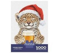Rompecabezas De 1000 Piezas para Adolescentes Cute Leopard Cub with Beer and Santa Hat Rompecabezas para Adultos Juego De Ingenio Juego De Corte De Precisión Regalos Desafiantes 70x50cm/1000pcs