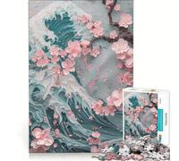Rompecabezas de 1000 Piezas para Adolescentes, diseño de Flor de Cerezo y Ola Japonesa, Ideal para armar, decoración, Piezas de Formas aleatorias Que encajan Perfectamente 38x52cm