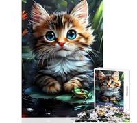 Rompecabezas de 1000 Piezas para Adolescentes diseño de Gatito y Rana sobre un nenúfar Juguete Educativo Regalo de cumpleaños Juegos Divertidos colección de Artistas Bellas Artes tamaño 38x52cm