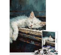 Rompecabezas de 1000 Piezas para Adolescentes diseño de Gato Blanco durmiendo en el Piano Juguetes antiestrés Regalo Divertido Juego práctico desafiante para completar tamaño 38x52cm