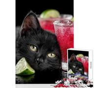 Rompecabezas de 1000 Piezas para Adolescentes diseño de Gato Negro con cócteles y Lima Ideal como decoración de Pared Ideal como Juego Educativo para fomentar el Amor en Pareja tamaño 38x26cm