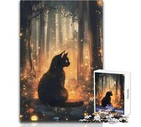 Rompecabezas de 1000 Piezas para Adolescentes, diseño de Gato Negro en un Bosque mágico, cumpleaños, Obra de Arte, tamaño 38x52cm
