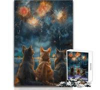 Rompecabezas de 1000 Piezas para Adolescentes, diseño de Gatos con Fuegos Artificiales y Noche Estrellada, Ideal para Aprender, Regalo de cumpleaños (tamaño 38x26cm)