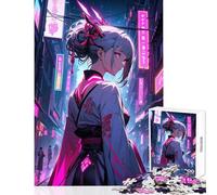 Rompecabezas de 1000 Piezas para Adolescentes diseño de Geisha Japonesa con Paisaje Urbano de neón Juguete Educativo Regalo de cumpleaños Juego de ingenio descompresión Intelectual tamaño 38x52cm