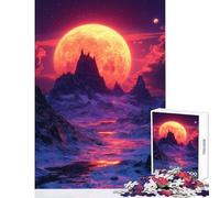Rompecabezas de 1000 Piezas para Adolescentes diseño de Luna carmesí sobre montañas Nevadas Ideal para Decorar el hogar Regalo de cumpleaños Juego práctico con póster y Hoja de Trivia a Juego 38x26cm