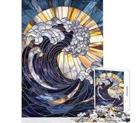 Rompecabezas de 1000 Piezas para Adolescentes diseño de vidrieras y Olas Juegos relajantes decoración del hogar Juguetes para la interacción Entre Padres e Hijos (38x26cm)