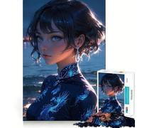 Rompecabezas de 1000 Piezas para Adolescentes Dragón Azul,Cheongsam,Elegancia,Corte Preciso,Decoración,Juego Cognitivo,Juguete para el Tiempo Libre,Regalo Navideño y Relajante (38x26cm)