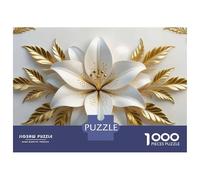 Rompecabezas De 1000 Piezas para Adolescentes Elegant White Lily with Golden Leaves Rompecabezas para Adultos Juego Práctico Ensamblaje De Patrones Regalos para Reducir El Estrés 38x26cm/1000pcs