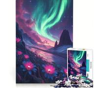 Rompecabezas de 1000 Piezas para Adolescentes: Fantasía Espacial etérea con Aurora Boreal sobre Paisaje Floral, Juego Educativo, Carrera de Velocidad Manual, Juego de desafío único 38x52cm