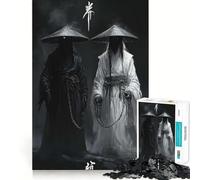 Rompecabezas de 1000 Piezas para Adolescentes Fantasmas samuráis en Blanco y Negro Juego de Ajuste Juego de Habilidad Mental Tiempo de diversión Tranquilo Ideal para cumpleaños (38x26cm)