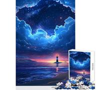 Rompecabezas de 1000 Piezas para Adolescentes Faro en una Isla Costera bajo un Cielo Estrellado decoración del hogar Juguetes Regalo Divertido Juego práctico Cada Pieza es única - Tamaño 38x52cm