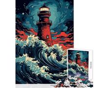 Rompecabezas de 1000 Piezas para Adolescentes Faro Ola Japonesa Juegos educativos Juguete Educativo de Aprendizaje Decoración de Pared Mejora del Amor Entre Parejas (38x26cm)