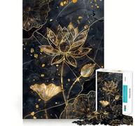 Rompecabezas de 1000 Piezas para Adolescentes,Flor de Loto Negra y Dorada,unión Suave,Divertido Juego Mental,Regalo,Juego Relajante,Arte navideño para el Ocio 38x52cm