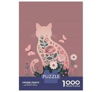 Rompecabezas De 1000 Piezas para Adolescentes Floral Cat Silhouette with Butterflies Rompecabezas para Adultos Juego Práctico Mejora La Memoria para Cumpleaños, Navidad 38x26cm/1000pcs