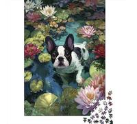 Rompecabezas De 1000 Piezas para Adolescentes French Bulldog in Lotus Pond Rompecabezas para Adolescentes Juguetes Antiestrés Regalos para Mujeres Regalos para Reducir El Estrés 52x38cm/1000pcs