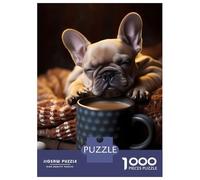 Rompecabezas De 1000 Piezas para Adolescentes French Bulldog Pup Coffee Rompecabezas para Adultos Juguete Decoración De Pared Decoración De Pared Juego Desafiante Regalos 52x38cm/1000pcs