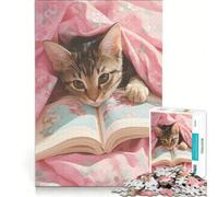 Rompecabezas de 1000 Piezas para Adolescentes Gatito Leyendo un Libro bajo una Manta Floral, Juego de ingenio, difícil y desafiante, Toda la Familia 38x52cm