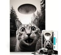 Rompecabezas de 1000 Piezas para Adolescentes Gato asustado por un OVNI,Corte Afilado,Manualidades,Ejercicio Mental,diversión,Tiempo de Relax,Juego,Actividad de cumpleaños (38x52cm)