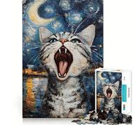Rompecabezas de 1000 Piezas para Adolescentes Gato bostezando al Estilo de La Noche Estrellada Articulaciones Finas,Divertido Juego para ejercitar la Mente,Juego Acogedor,Regalo de cumpleaños 38x52cm