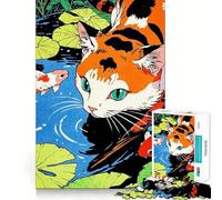 Rompecabezas de 1000 Piezas para Adolescentes Gato Calico y Estanque de Carpas koi Arte de Bordes precisos Juego Divertido y Relajante para Entrenar la Mente Regalo de cumpleaños (38x26cm)