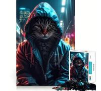 Rompecabezas de 1000 Piezas para Adolescentes Gato,Ciudad Asiática,Noche,Arte de Corte Fino,Entrenamiento de Concentración,Juego Divertido para Momentos de Paz,Regalo Navideño Divertido (38x26cm)
