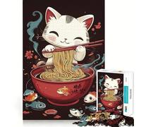 Rompecabezas de 1000 Piezas para Adolescentes Gato Comiendo Ramen,Arte de Bordes precisos,Entrenamiento Mental,Juego Divertido y Tranquilo,Regalo de cumpleaños (38x52cm)