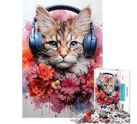 Rompecabezas de 1000 Piezas para Adolescentes Gato con Auriculares diseño Floral Juego práctico Educativo Juguete de desafío Regalos para Mujeres y Hombres decoración del hogar (tamaño 50x75cm)