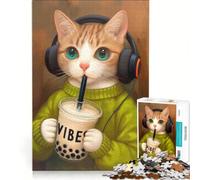 Rompecabezas de 1000 Piezas para Adolescentes: Gato con Auriculares y té de Burbujas, decoración de Pared, Entrena tu Cerebro y Tus Manos, Regalo Ideal para Gamers 38x26cm