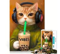 Rompecabezas de 1000 Piezas para Adolescentes Gato con Auriculares y té de Burbujas Juego Divertido y Estimulante para ejercitar la Mente Juego de cumpleaños Ideal (38x26cm)